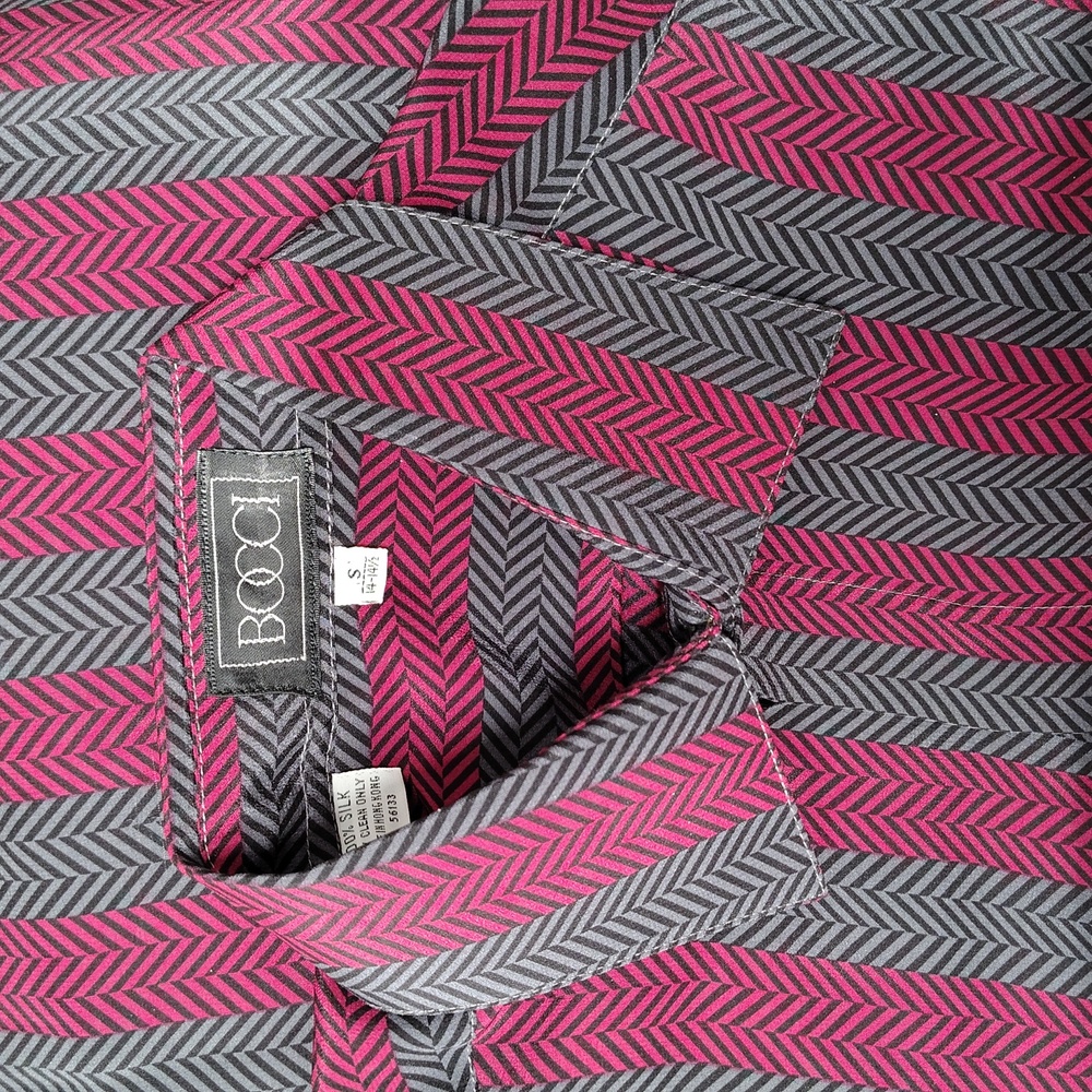 BOCCI BURGUNDY GREY HERRINGBONE STRIPE SILK HIDDEN PLACKET LONG SLVE SHIRT Sz Sm